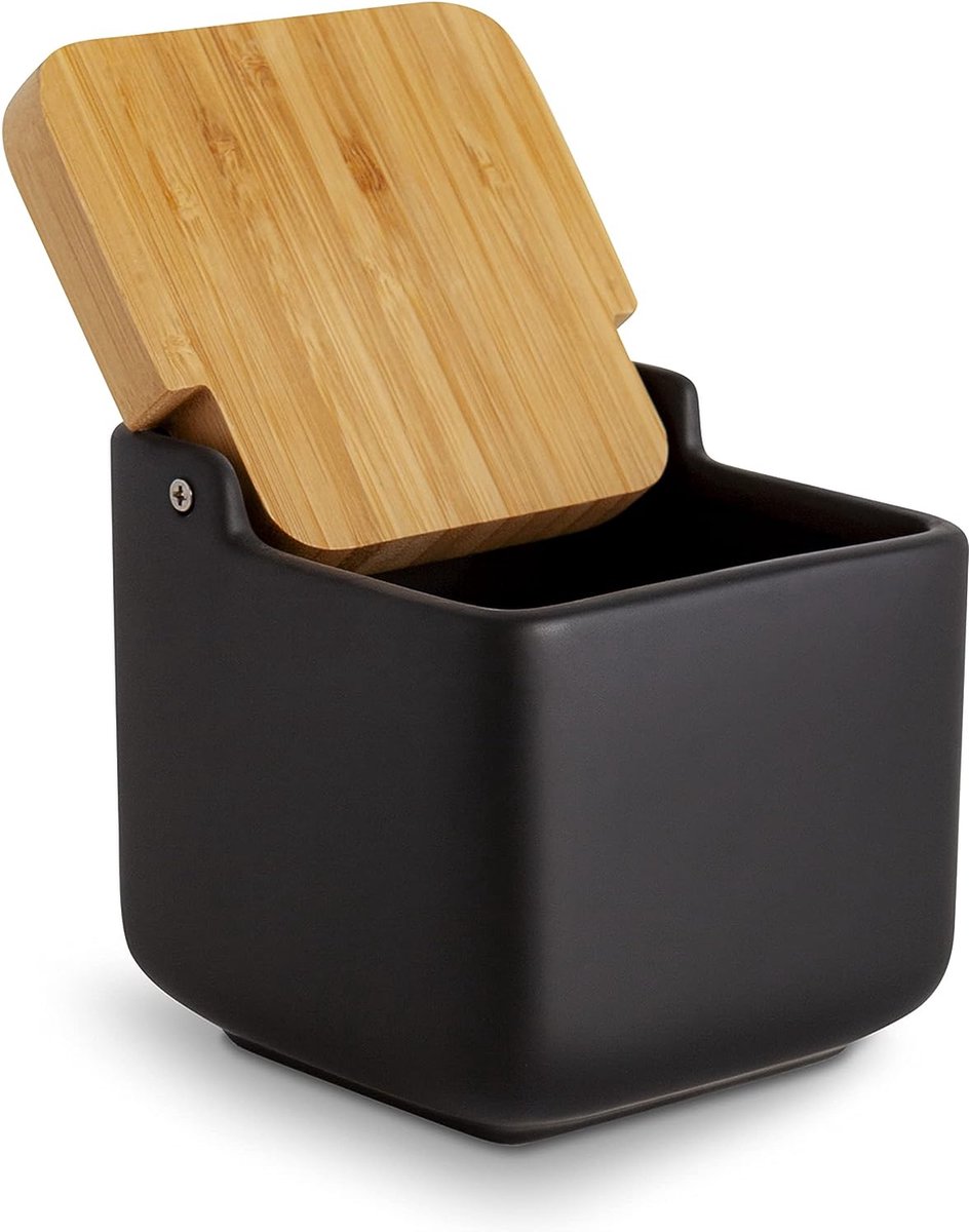 Zoutpot keramiek met klapdeksel van bamboe, praktische zoutpot en zout Zoutpot keramiek met klapdeksel van bamboe, praktische zoutpot en zout