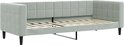 Lichtgrijze slaapbank met gestoffeerde rugleuning, zonder matras, met houten lattenbodem.