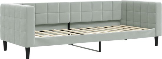 Lichtgrijze slaapbank met gestoffeerde rugleuning, zonder matras, met houten lattenbodem.