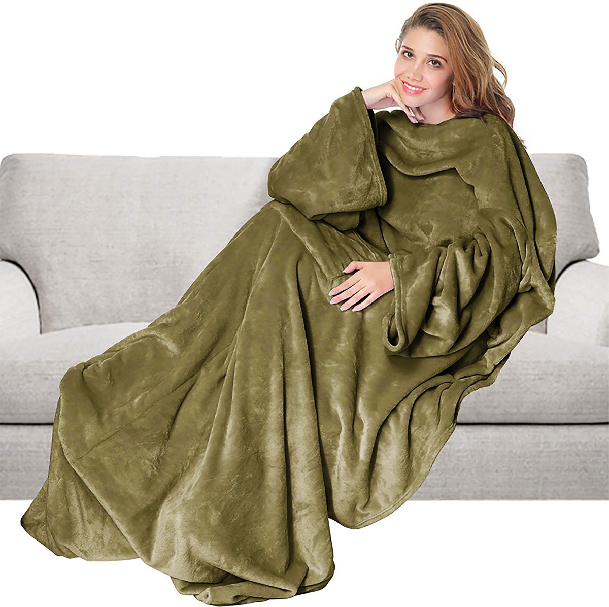 GINY - Plaid met mouwen 150x200 cm - superzacht - flannel fleece - Military Olive - groen - Dutch Decor