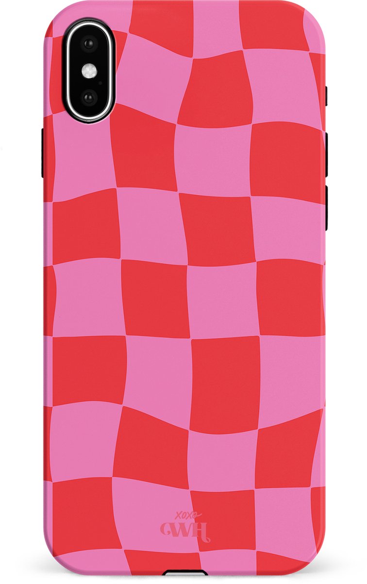 xoxo Wildhearts Drunk In Love - Double Layer - Hoesje geschikt voor iPhone X / Xs hoesje - Blokjes print roze - Shockproof case - Beschermhoesje geschikt voor iPhone Xs / X case - Roze