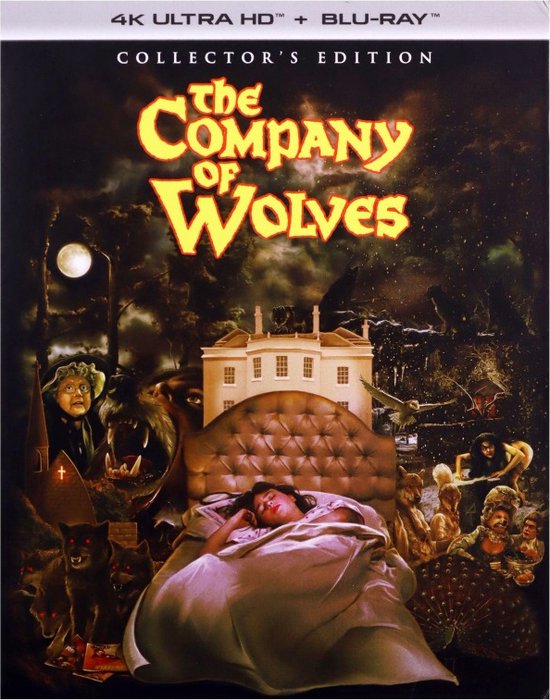 Omslag van de Collector's Edition Blu-ray van The Company of Wolves met een collage van scènes, waaronder een slapende vrouw en wolven.