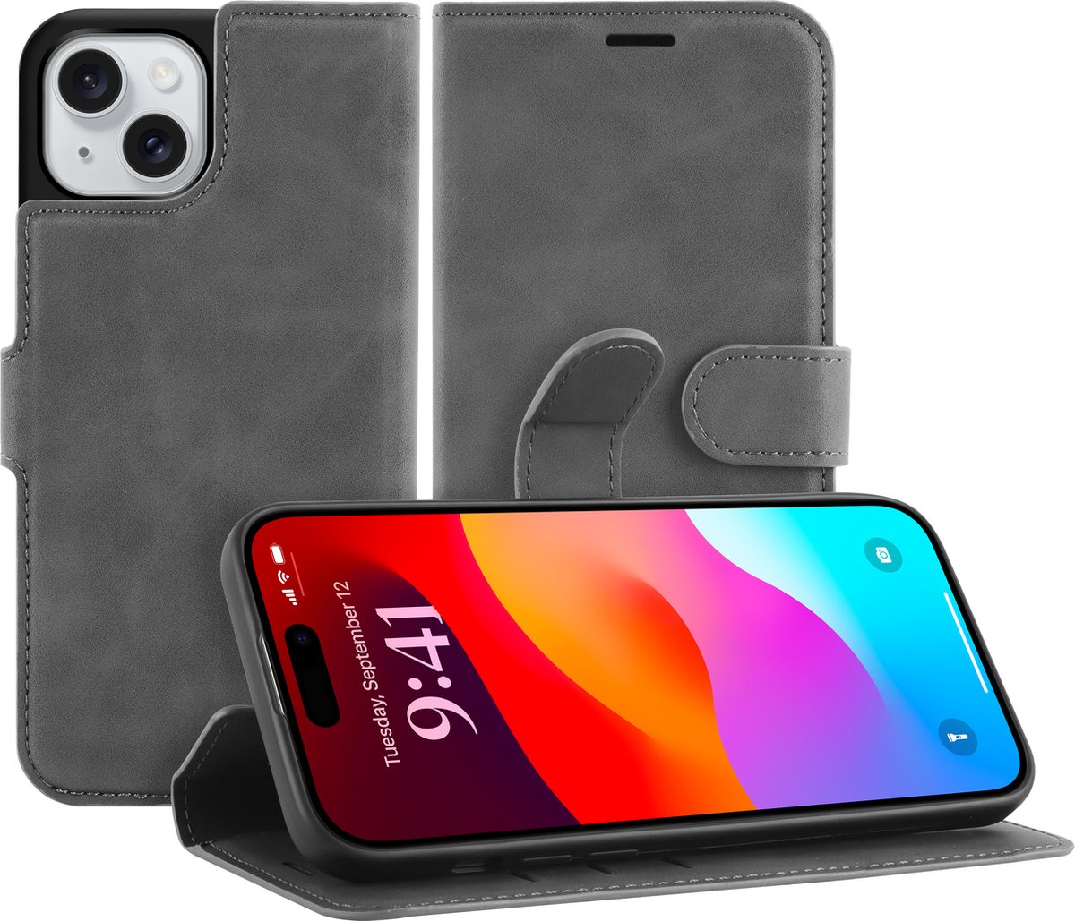 Cazy hoesje geschikt voor iPhone 15 Hoesje met Pasjeshouder - Premium Bookcase - Grijs