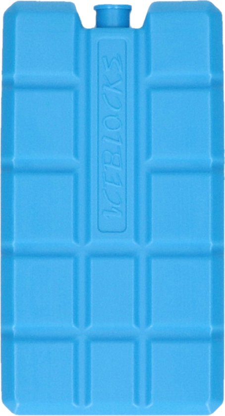 Blauw koelpack met rasterpatroon en 'ICEBLOCKS' opdruk, gevuld.
