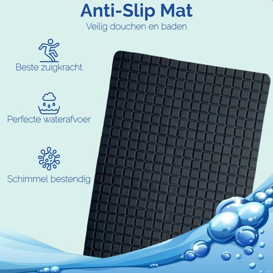 Zwarte antislipmat met vierkant patroon. "Anti-Slip Mat - Veilig douchen en baden".