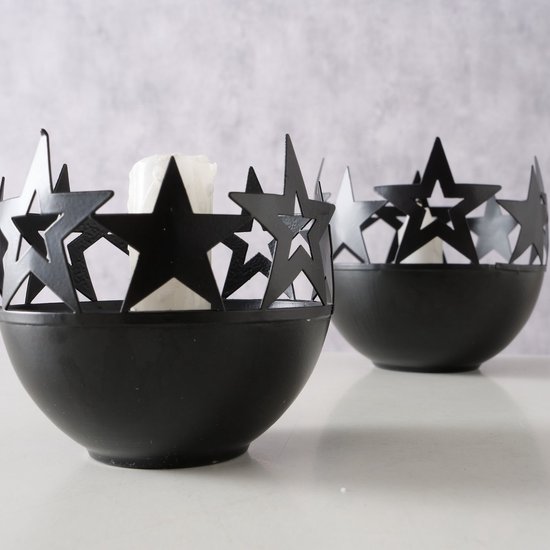 Set van 2 moderne metalen zwarte kaarshouders in een kommetje met sterren
