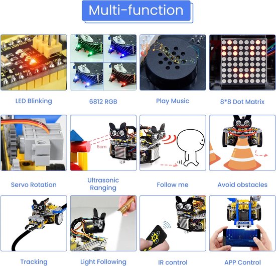 Collage die de functies van de Keyestudio Beetlebot toont: LED-knipperen, RGB, muziek afspelen, dotmatrix display, servo rotatie, ultrasone afstand, 'volg mij', obstakelvermijding, volgen, licht volgen, IR en app-bediening.