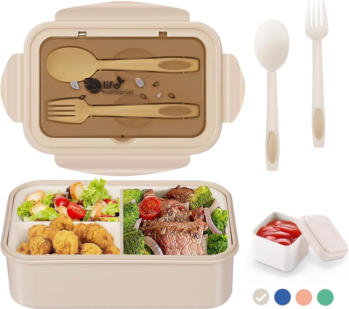 SHOP YOLO - Lunchbox kinderen -Broodtrommel voor volwassenen-1400 ml- met 3 vakken -kaki