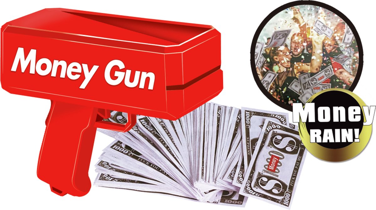 Jollity Works - Money Gun - Geldpistool - Moneygun - Cash Pistol - Milionaire Gun - Schieten met Geld - Geldregen - Inclusief 100 Briefjes Imitatie Geld - Jollity Works