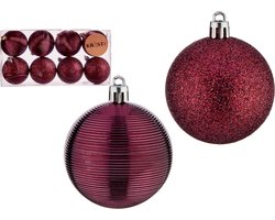 Krist+ gedecoreerde kerstballen - 8x stuks - wijn/bordeaux rood - kunststof - 6 cm