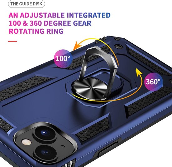 Coque de téléphone bleue avec un support anneau rotatif à 360 degrés, avec des flèches indiquant la direction de rotation.
