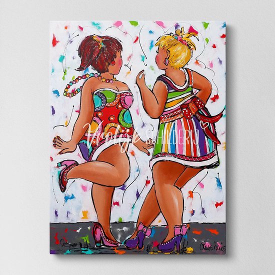 2 Dansende dikke dames | Vrolijk Schilderij | 120x90cm | Dikte 4 cm | Canvas schilderijen woonkamer | Wanddecoratie | Schilderij op canvas | Kunst | Corrie Leushuis