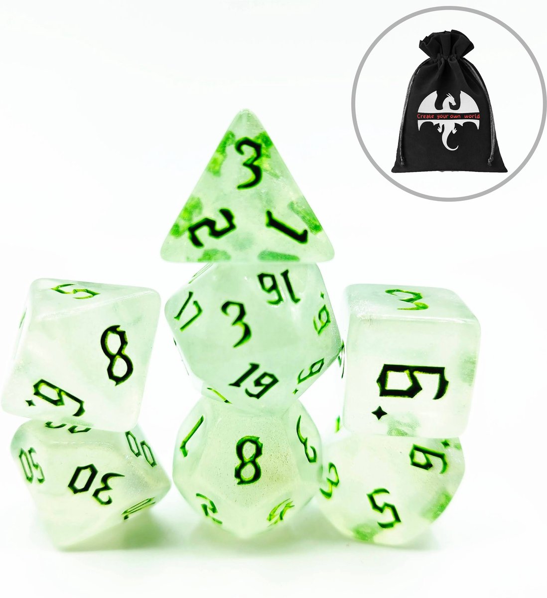 Lapi Toys - Dungeons and Dragons dobbelstenen - DnD - D&D - Polydice - 1 set (7 stuks) - Acryl - Wit - Groen