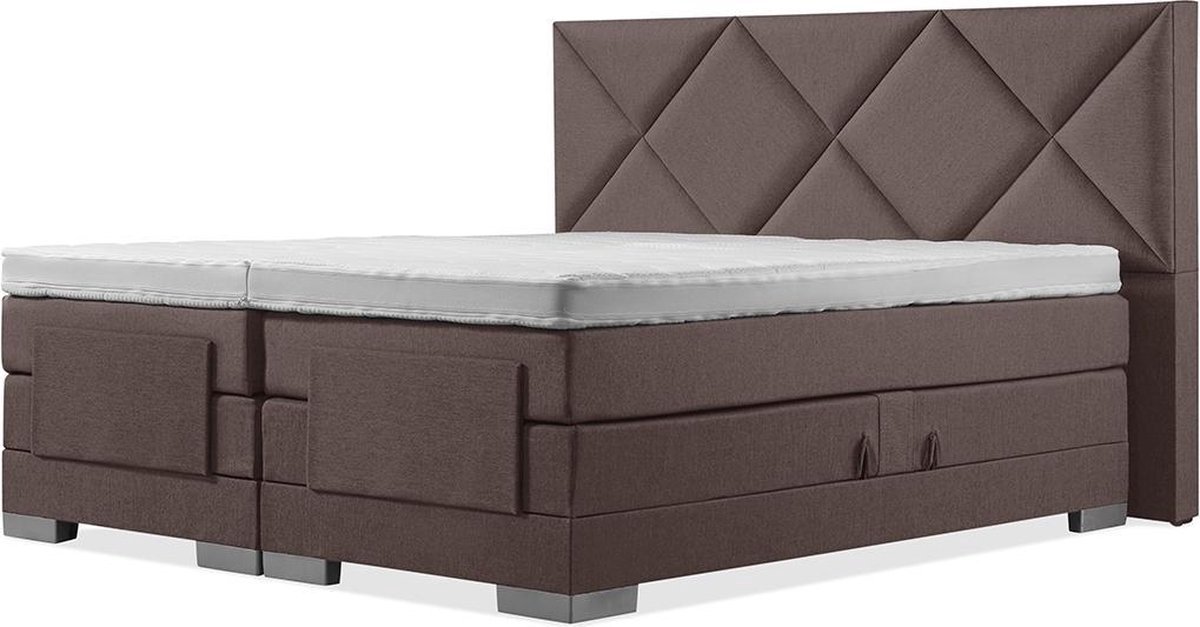 Elektrische Boxspring - 160x200 - Incl. Ruiten hoofdbord - Notenbruin met plint