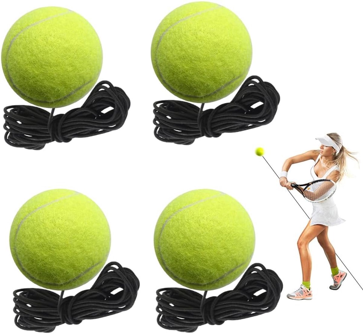 Tennisbal met Touw - 4 Stuks - Tennis Trainer - Elastische Tennis Training - Rebound Bal voor Kinderen en Volwassenen - Beginners - Solo Training