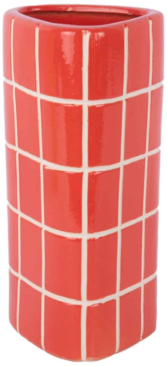 Present Time Vaas Retro Tiles - Helderrood - 12.6x11.5x26cm - Keramiek - Modern - Bloemenvaas - Woondecoratie - Decoratieve vaas voor woonkamer of slaapkamer