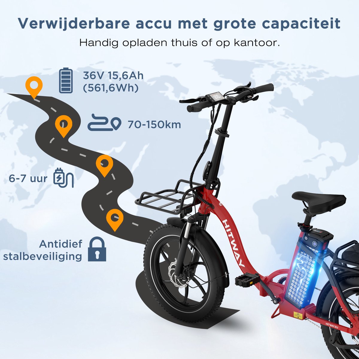 Hitway Elektrische Fiets BK36 - Trendy 20*4.0 Inch Fat Tire City Commuter EBike met Afneembare 48V 10.4Ah Lithium Batterij - Opvouwbaar Mountain E-Bike met 250W Motor - 7 Versnellingen - IP54 Waterdicht - afbeelding 2