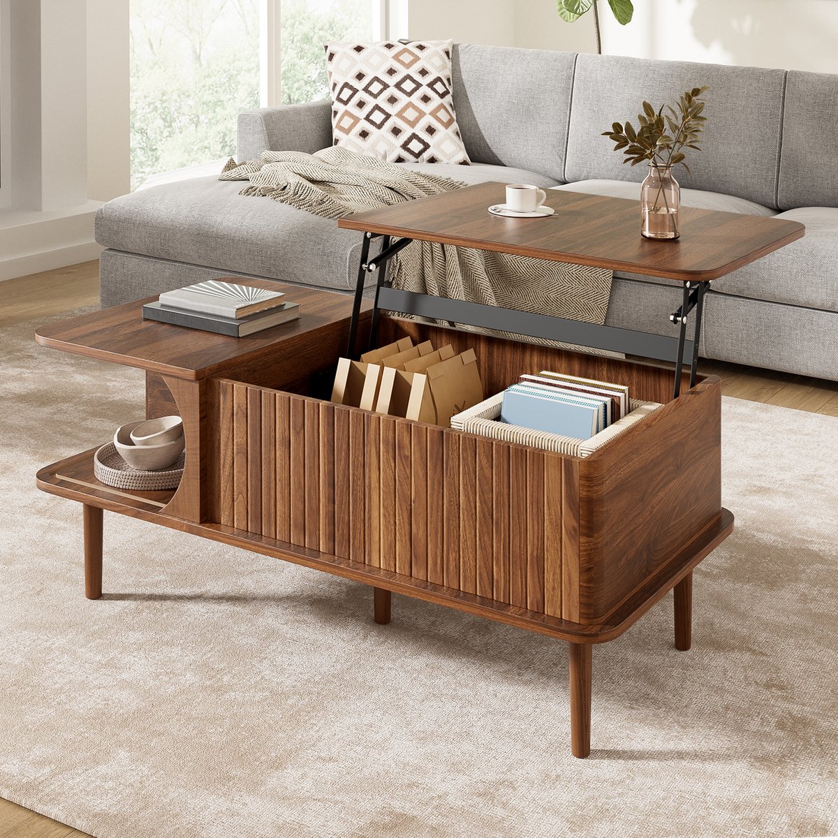 Urban Loft - Serie Metro - Salontafel 100 cm - Hoogte Verstelbaar Blad (Een Zijde) - Notenhout & Verticale Groeven - Schuifdeur & Grote Opbergruimte
