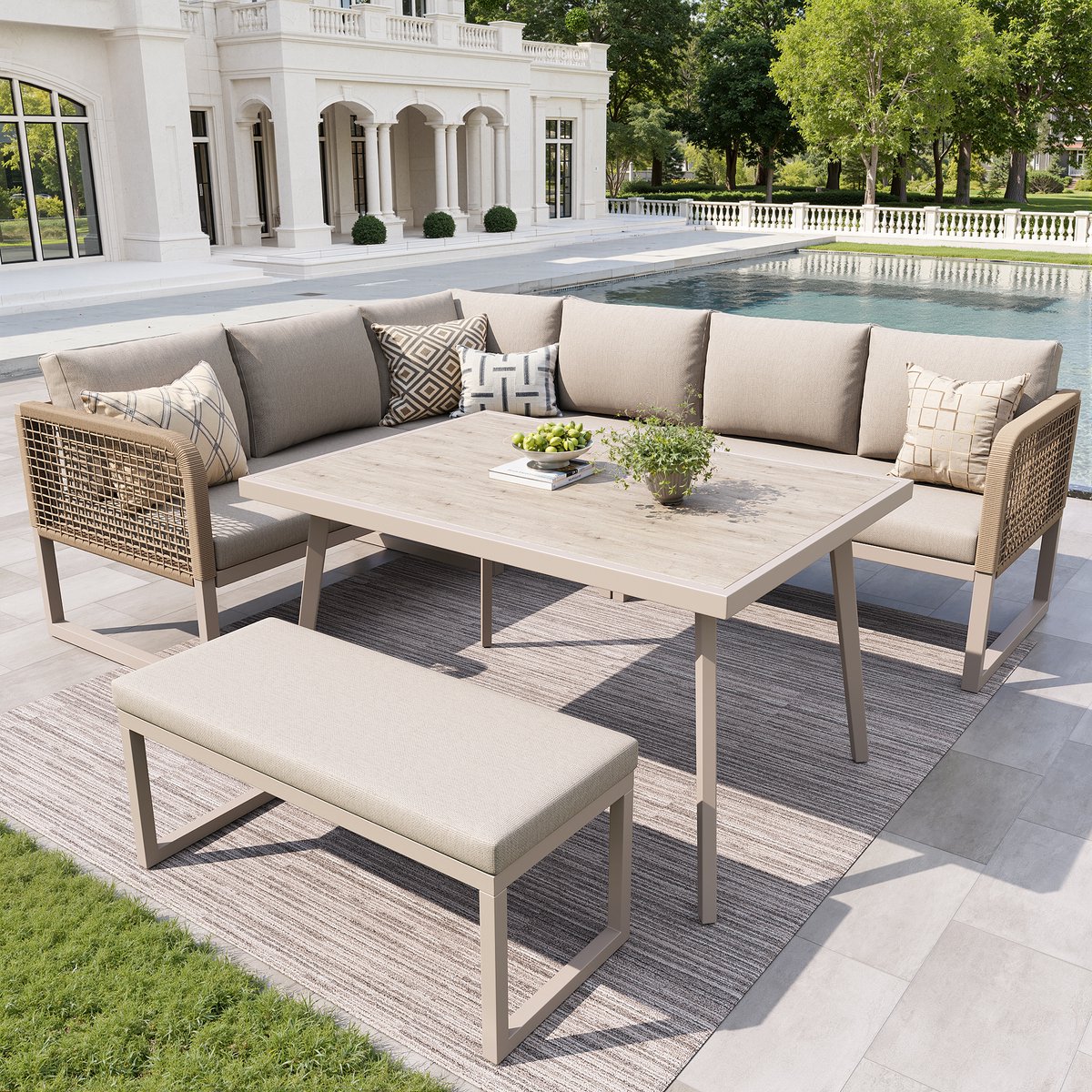 MODENUIT Loungeset 6-8 Personen - Modulaire Opstelling Met Tafel - Voor Tuin, Balkon En Terras - PE-Rattan Beige