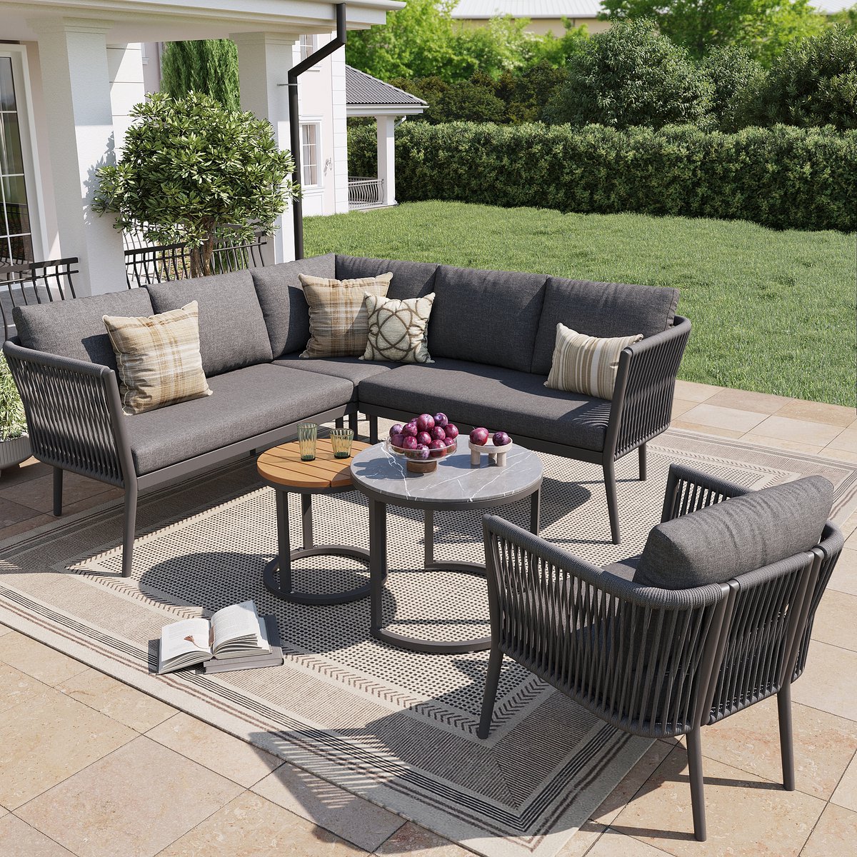 MODENUIT Loungeset 6-Delig - Modulaire Hoekopstelling Met 2 Tafels - Voor Tuin En Balkon - Metaal Olefine - Grijs