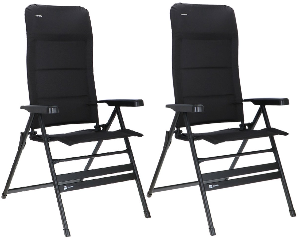 Travellife Festo Campingstoel XL Grafiet Zwart 2 stuks - 7 Standen - Extra groot zitvlak - 150 kg draagvermogen - Compact opvouwbaar - Geïntegreerd hoofdkussen