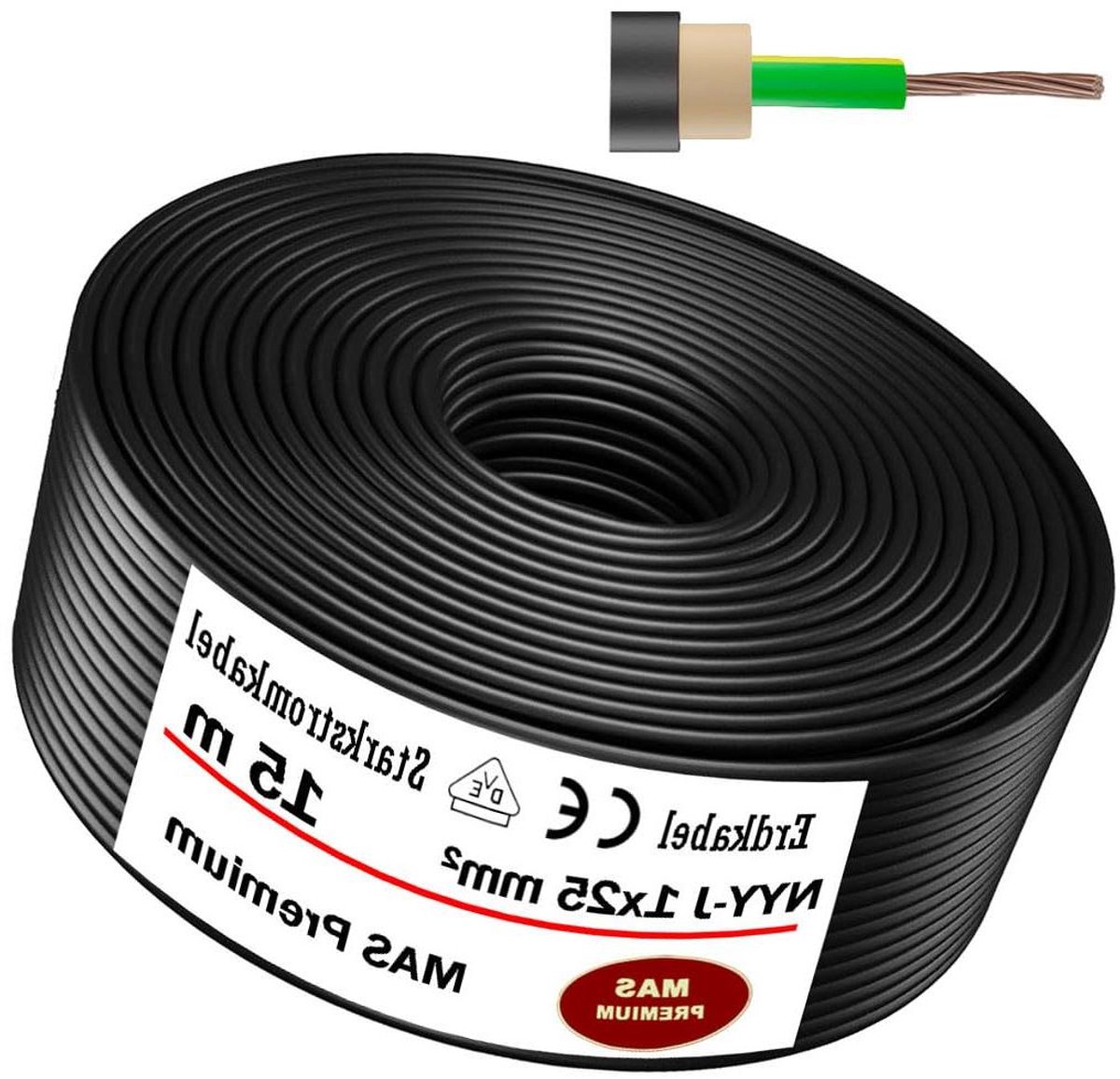 Krachtstroomkabel NYY-J - Aardkabel Stroomkabel - Buiten Binnen Leggen - VDE Gecertificeerd - 15 Meter 25 mm² - Zwart