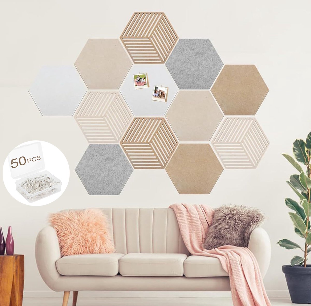 12-delige set vilten prikborden – Zeshoekige, zelfklevende DIY-prikborden (kurklook) met 50 punaises; zeshoekig memobord voor kantoor, thuis, slaapkamer en wanddecoratie