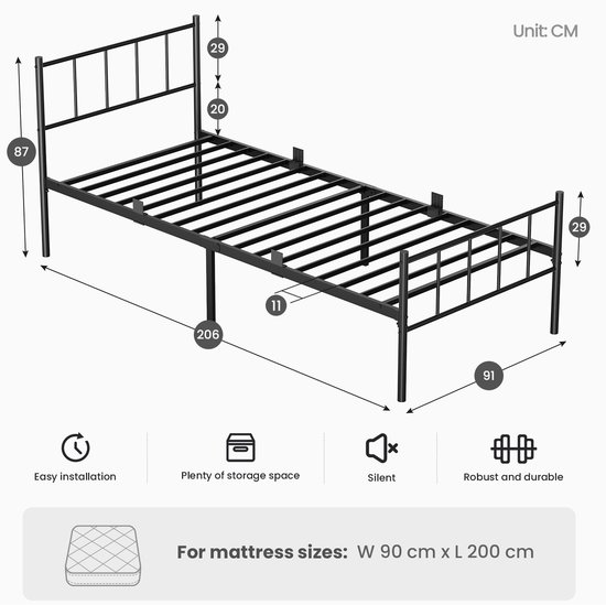 Auralum® Lit Métallique 90x200 cm - Met Tête & Pied de Lit - Extra Robuste - Grand Espace de Rangement - Facile à Assembler - Sommier à Lattes - Zwart