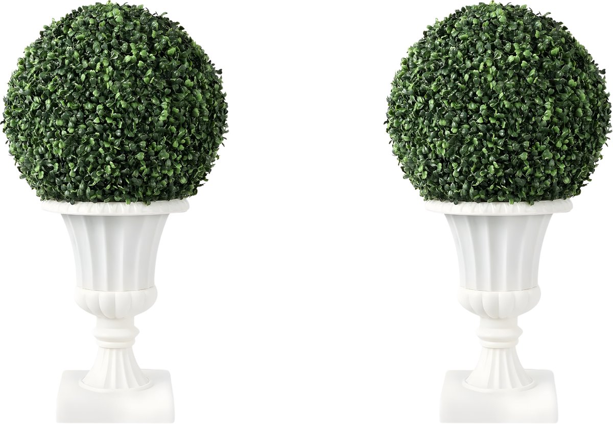 Happiq Kunstmatige buxusballen (2 stuks, 16 inch) - Voor indoor & outdoor gebruik (veranda, tuin) - Pre-lit topiary decoratie - Groen kunstblad met stevige potbasis - Wit