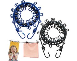 2-pack draagbare waslijn, elastische reiswaslijn verstelbare intrekbare winddichte touw kledinglijn met 12 draadclips voor camping reiskleding wasdrogen buiten (zwart+blauw)