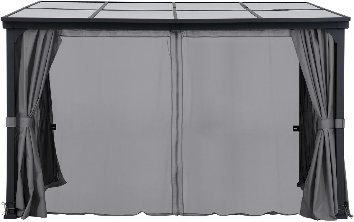 Gazebo tuinpaviljoen tbv wandmontage compleet met gordijnen en net - 360 x 300cm, zwart