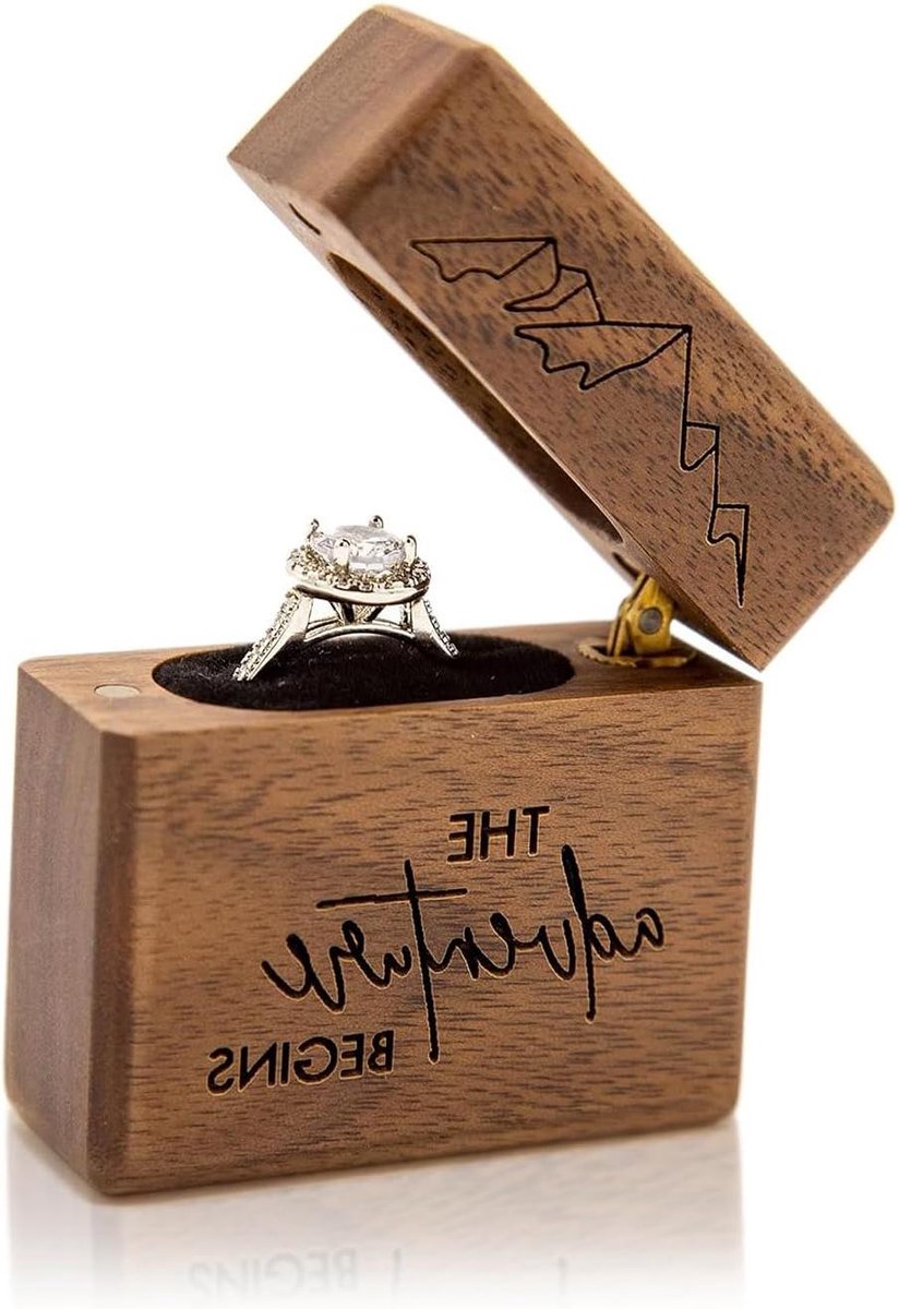 Houten Ring Doosje - Verlovingshouder - Huwelijksaanzoek Presentatie - Magnetische Sluiting Gravure - Klein Formaat - Walnoot Zwart