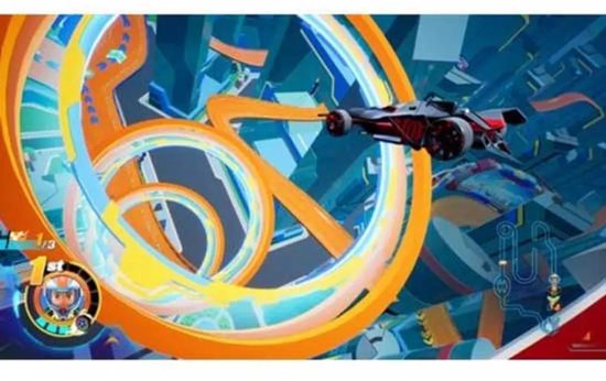 Een zwarte Hot Wheels auto met rode accenten rijdt op een oranje en blauwe racebaan in een futuristische stad.