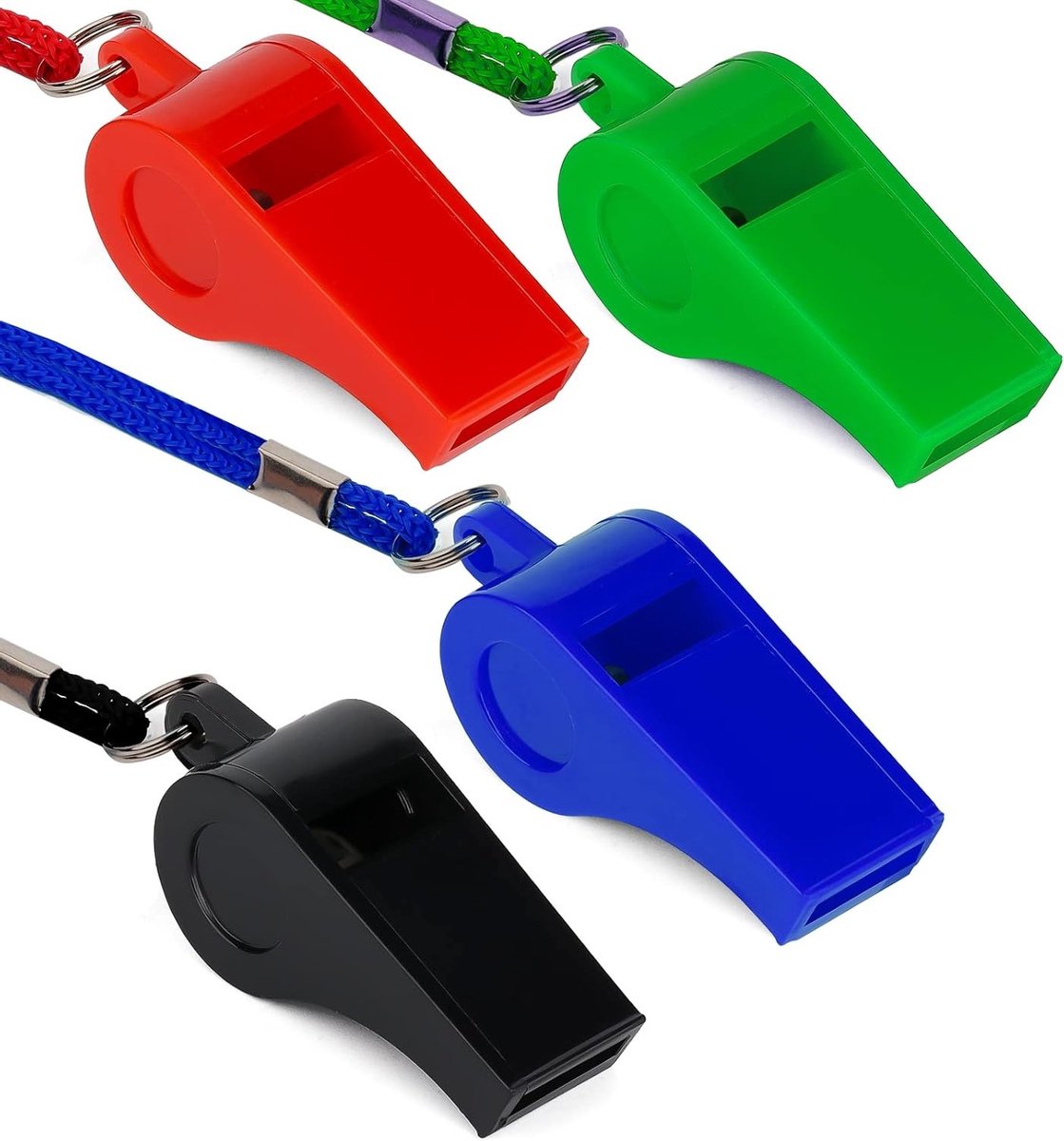 Set van 4 Plastic Fluitjes met Leash - Luide Fluit voor Noodgevallen, Hondentraining en Survivalactiviteiten (Zwart, Blauw, Rood, Groen)