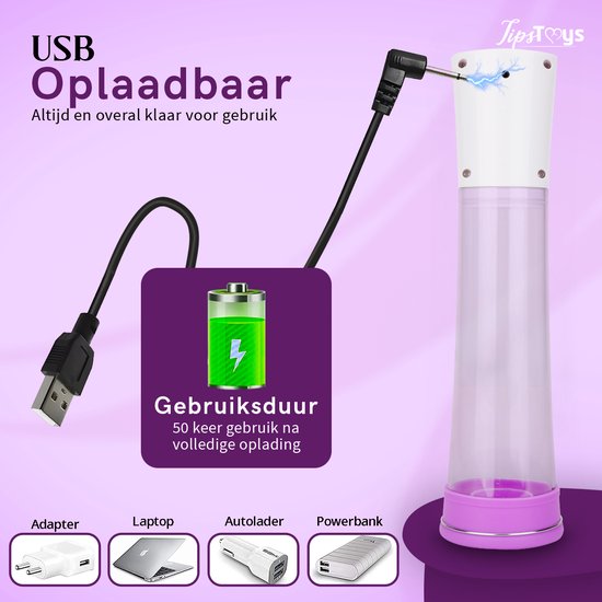 Penispomp wordt opgeladen via USB-kabel aangesloten op een adapter, laptop, autolader of powerbank. Batterij-icoon toont volle lading.