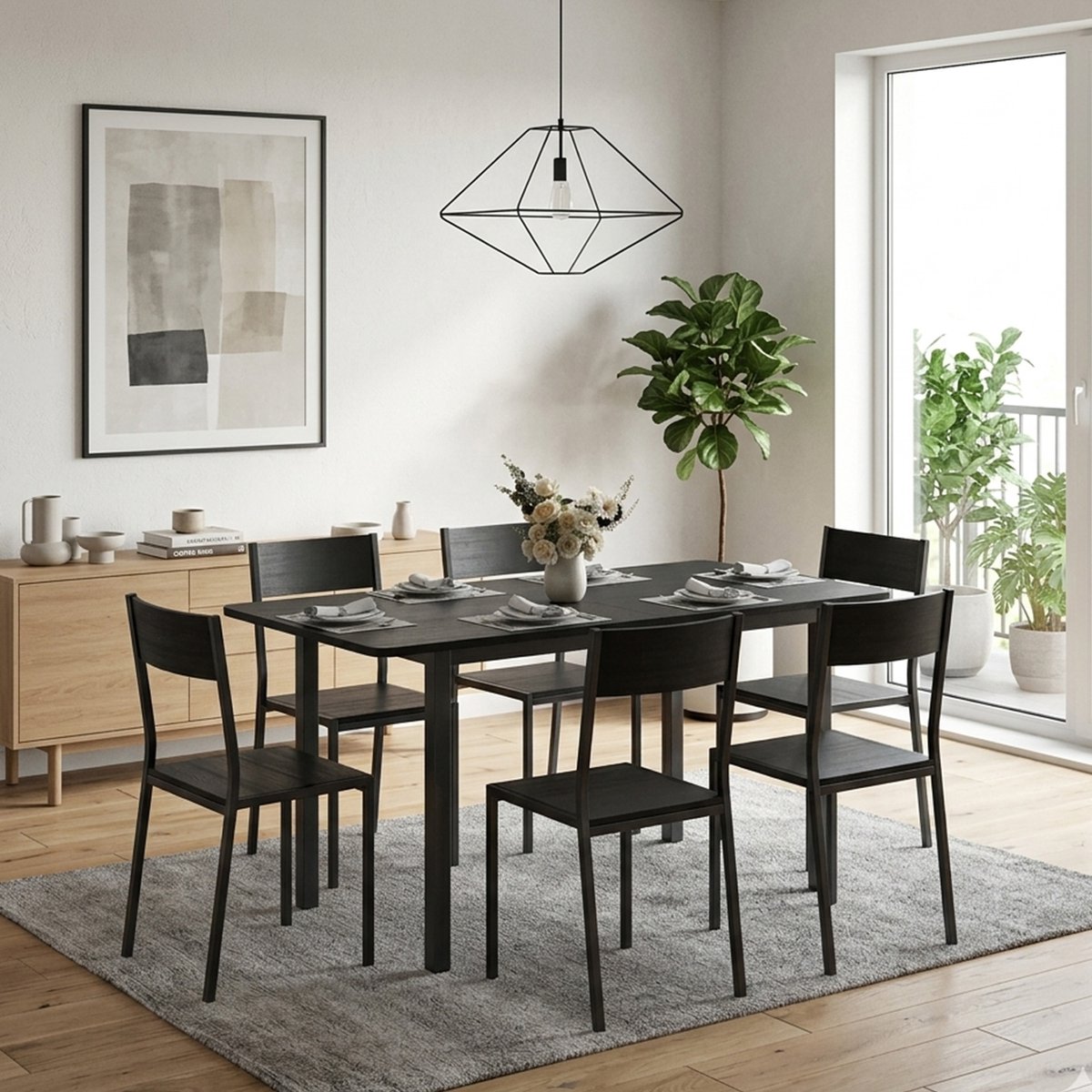 Bealife TB78D Eettafel en Stoelen voor 6 Persone - Moderne Eetkamer Stoelen Set - Uitschuifbare eettafel - Geschikt voor keuken, eetkamer of woonkamer - Huis Meubilair-140×70×77 cm - Zwart