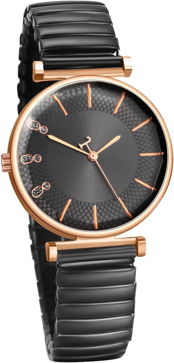 Dameshorloge Elastisch - Armband Horloge - Tijdweergave - Met Zirkonia - 20 cm - Zwart