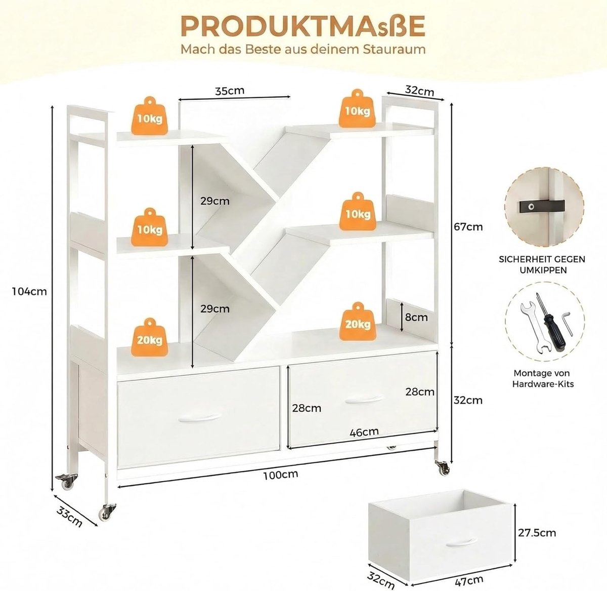 Boekenkast met Wieltjes – Industriële Boom Boekenkast met 8 Planken en 2 Lades – Staande Opbergkast met Metalen Frame – 100x100x32 cm Wit – Ruimtebesparende Kast voor Woonkamer, Kantoor & Slaapkamer – abtkantoor