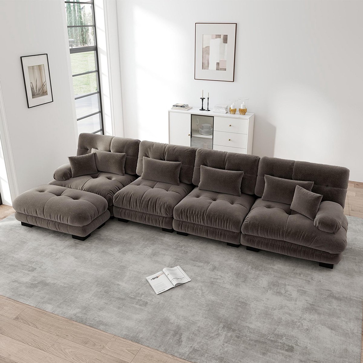 BLACKCOLORS Modulaire hoekbank, L-vormige bankenset voor de woonkamer, comfortabele Cloud-bank voor 4 personen met afneembare chaise longue, DIY-combinatie, Chenille, Bruin
