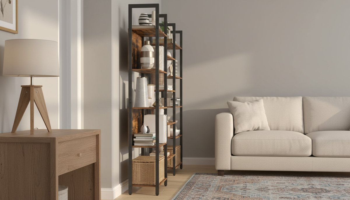 Boekenkast Industrieel met 14 Planken – ABTkantoor Ladderkast 166 cm Vintage Bruin/Zwart – Staande Opbergkast 158x24x166 cm – Metalen Frame Boekenkast voor Woonkamer, Kantoor & Slaapkamer – 140 kg Draagkracht