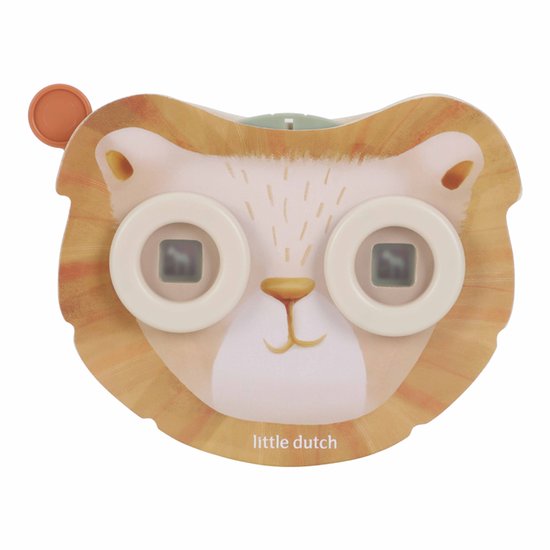 Close-up van een leeuwenprojector met grote ogen en een klein mondje. Het merk 'little dutch' is zichtbaar.