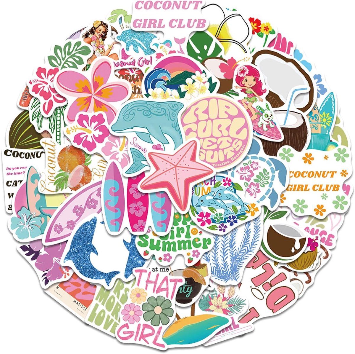 50pcs Cute Aesthetic Coconut Girls Stickers - Water Bottle Coconut Beach Sea Stickers - Laptop Surf Boards Summer Stickers voor Kids