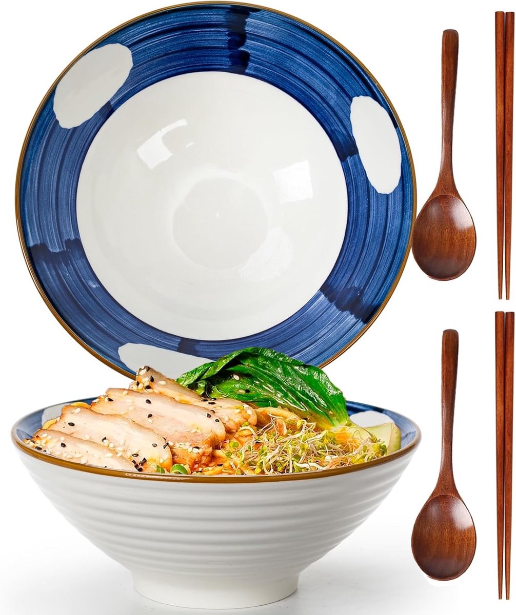 Set van 2 Keramische Ramenkommen - 1200ml Noodlekommen met Chopsticks en Lepels (Stijl 1)