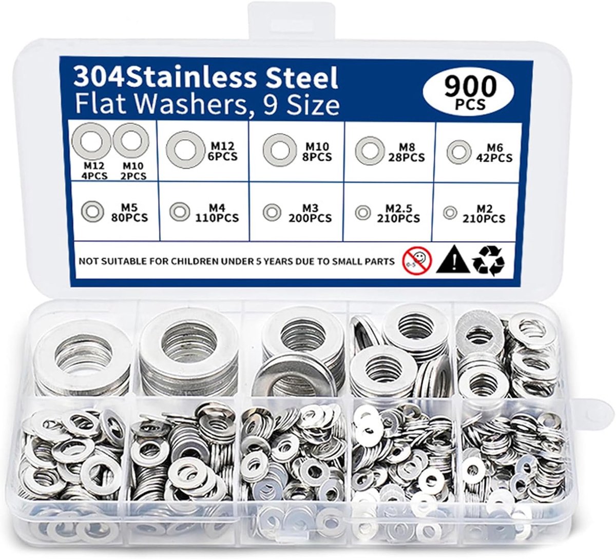 Washer set 900 pieces - RVS platte washers voor schroeven M3 M4 M5 M6 M8 M10 M12 - dagelijkse gebruik in plastic case.
