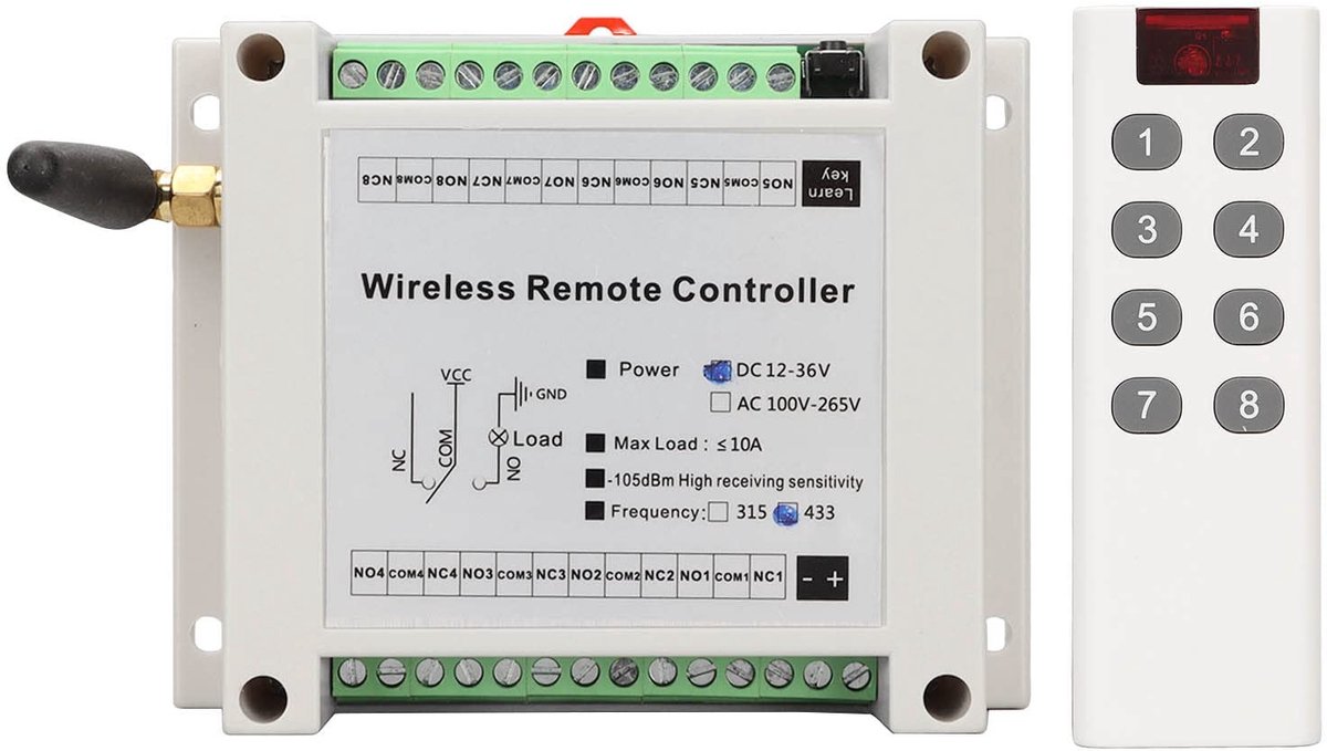 aladdien - 8-kanaals Relais - Radiobesturing - Compact formaat - Lampbesturing - Afstandsbediening - Ideaal voor thuisautomatisering - Geschikt voor..