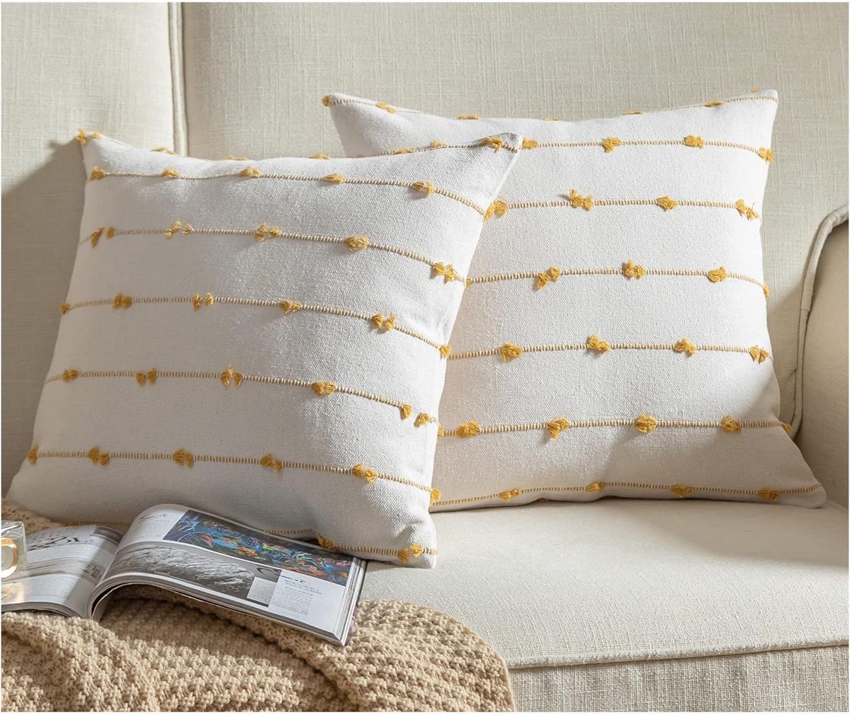 Boho sierkussenslopen - Decoratieve hoezen - Woonkamer aankleden - Verborgen ritssluiting - Set van 2 - Geel gebroken wit
