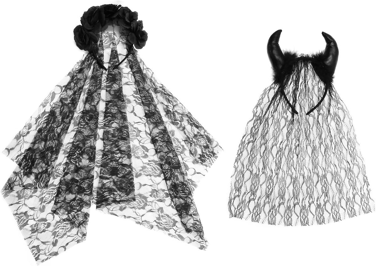 Zwarte Halloween Haarbanden met Gothic Rozen, Duivels Hoorns en Netwerk voor Kostuums en Feestjes voor Kinderen en Volwassenen