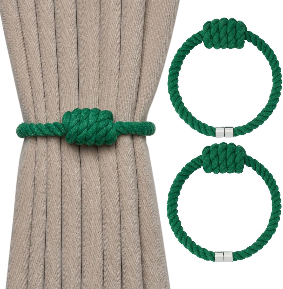 Set van 2 magnetische gordijnbinders van natuurlijk katoenen touw, bohemian stijl, elegante handgeweven decoratieve gordijnbinders met knoop, geschikt voor gordijnen in huis en op kantoor (groen)