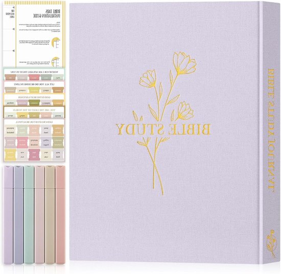 Lichtpaars Bijbelstudie journal met goudkleurige bloemendecoratie en de tekst 'Bible Study' in sierlijke letters. Bevat gekleurde tabbladen en markeerstiften.