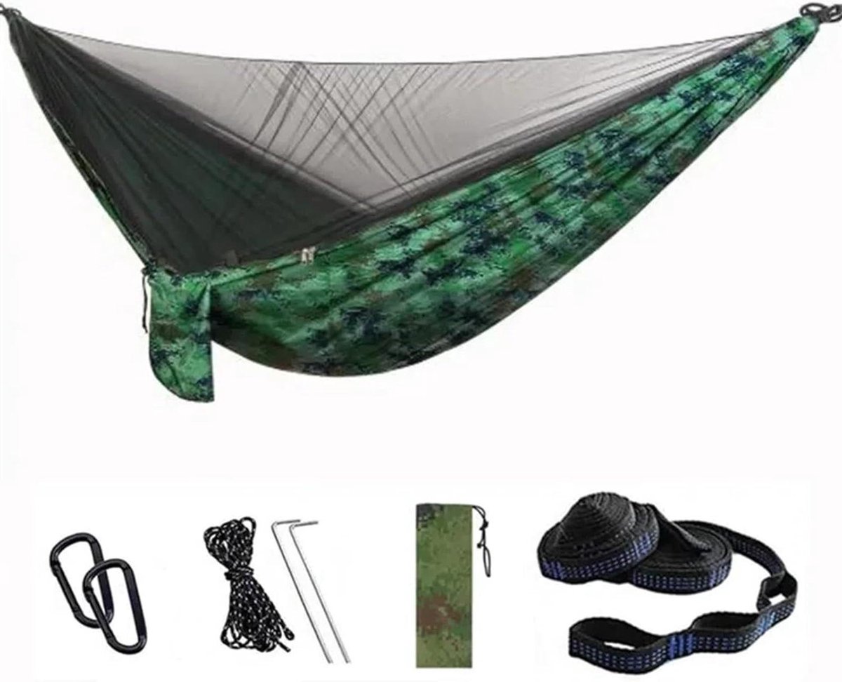 Draagbare Hangmat - Kampeerhangmat Swing - Buiten Ontspannen - Met Klamboe - Dubbele Maat - Groen